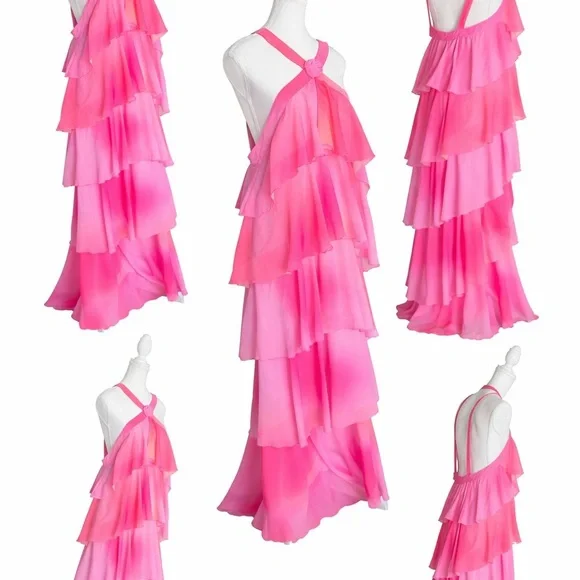 Vero Moda Pink Ombré Tiered Chiffon Maxi Dress Halter Open Back - Picture 3 of 4